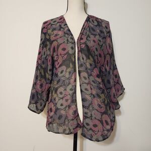 Hinge 100% Silk Gray And Purple. Floral Open Front Kimono Sleeve Top